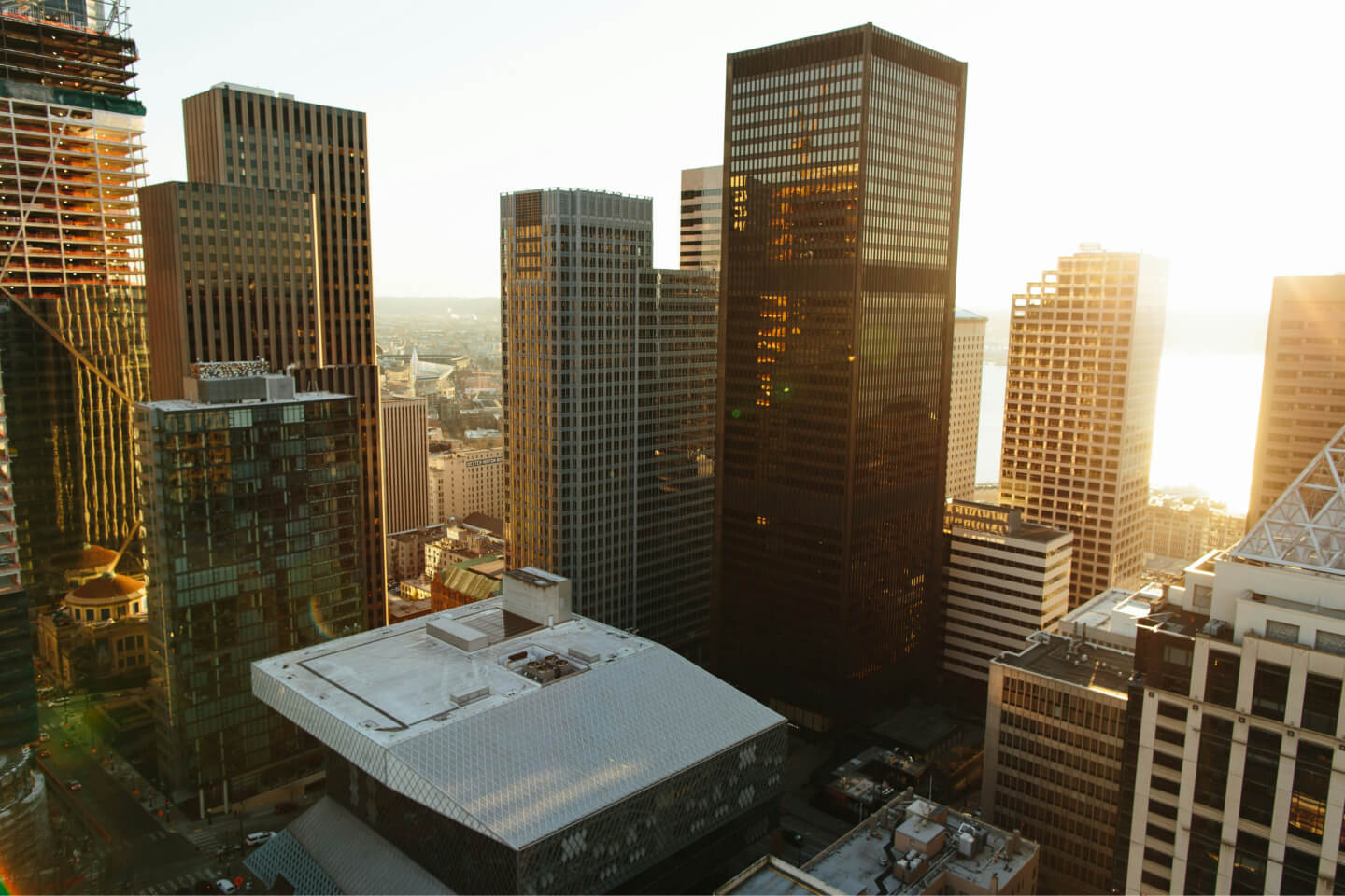 View on the city with tall buildings